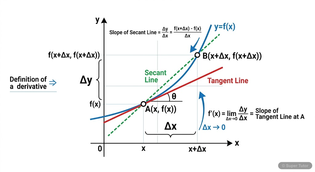 Derivative as Slope of a Tangent A diagram illustrating the definition of a derivative. Show a curve y = f(x) with two points A(x, f(x)) and B(x+Δx, f(x+Δx)). Draw a secant line connecting A and B. Then, show an arrow indicating Δx a