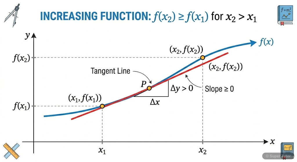 A graph illustrating an increasing function, where for any x2 > x1, f(x2) >= f(x1). The tangent lines show non-negative slopes.