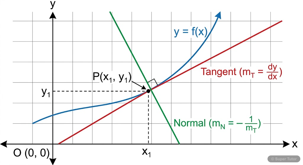 A diagram illustrating a curve y=f(x), a point P(x1, y1) on the curve, the tangent line at P, and the normal line at P. Labels should clearly indicate the curve, the point, the tangent line, the norma