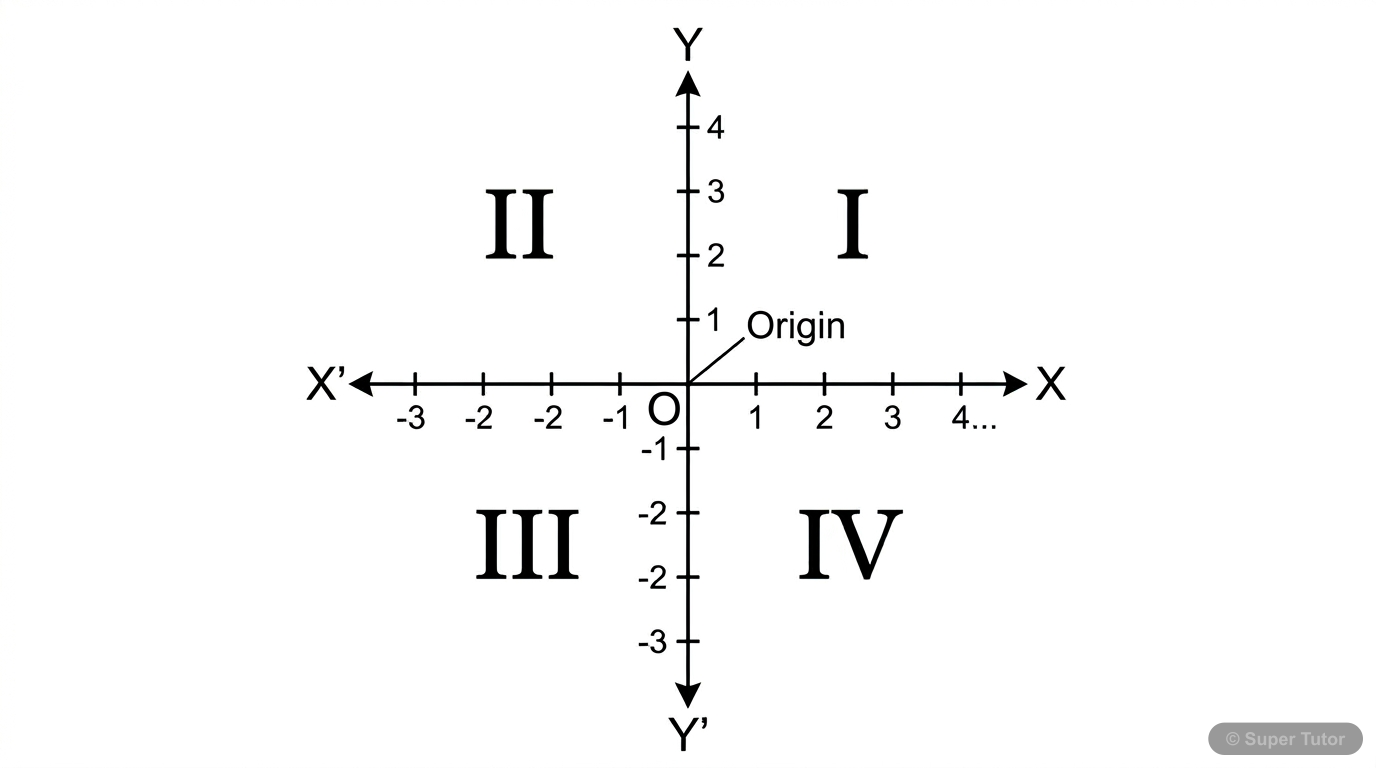 A labeled diagram showing the XOX' and YOY' axes, origin, and four quadrants in a Cartesian coordinate system.