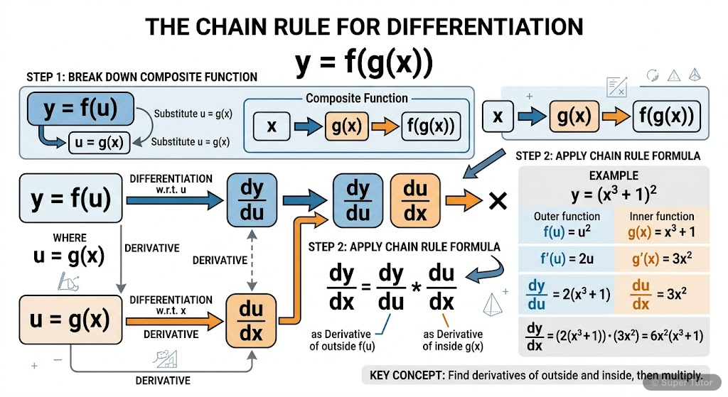 Chain Rule for Differentiation A flowchart or diagram explaining the step-by-step application of the chain rule for differentiating composite functions.