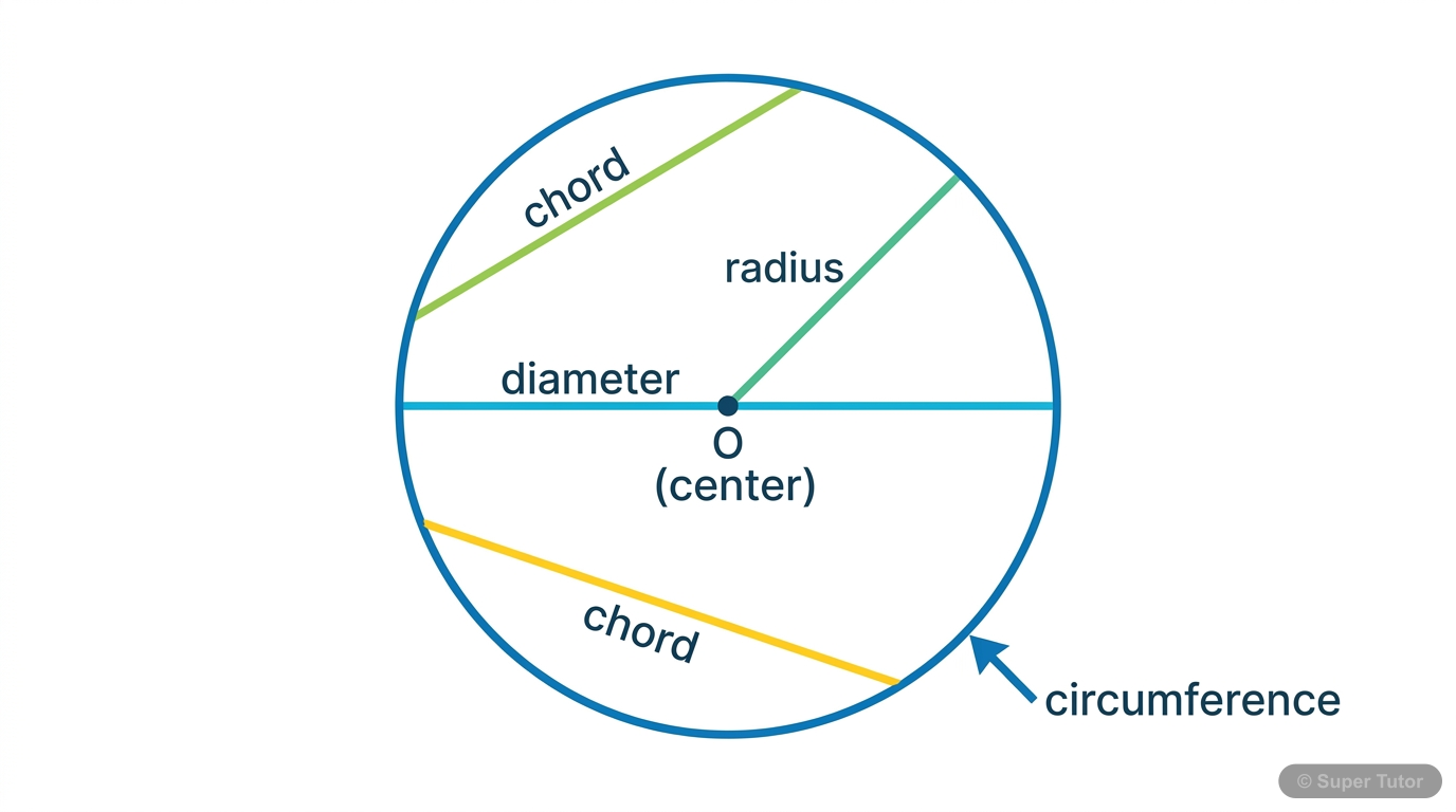 A labeled diagram illustrating the fundamental components of a circle, including the center, radius, diameter, chord, and circumference.