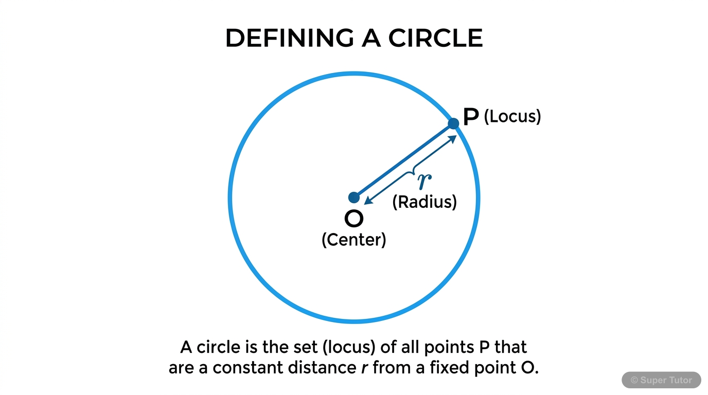 A labeled diagram illustrating the definition of a circle with its center and radius.