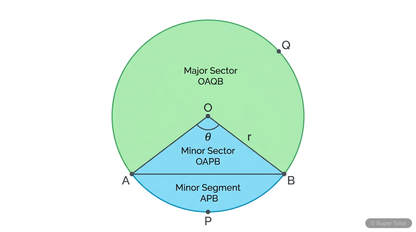 A labeled diagram illustrating the definitions of minor sector, major sector, minor segment, and major segment of a circle, with the center, radius, chord, and arc clearly marked.