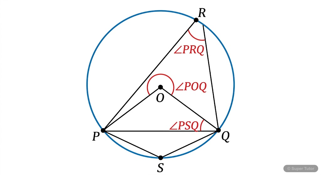 Illustrates a circle with a chord PQ and points R and S on the major and minor arcs respectively. Shows the angle subtended by the chord at the center (POQ), and at points on the major arc (PRQ) and m