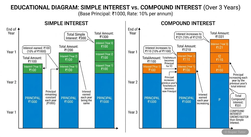 A comparison illustrating how simple interest is calculated only on the original principal, while compound interest is calculated on the principal plus accumulated interest from previous periods, show