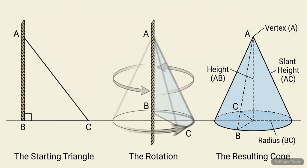 Illustrates how a right-angled triangle, when rotated about one of its perpendicular sides, forms a right circular cone. Shows the progression from a flat triangle to a 3D cone.