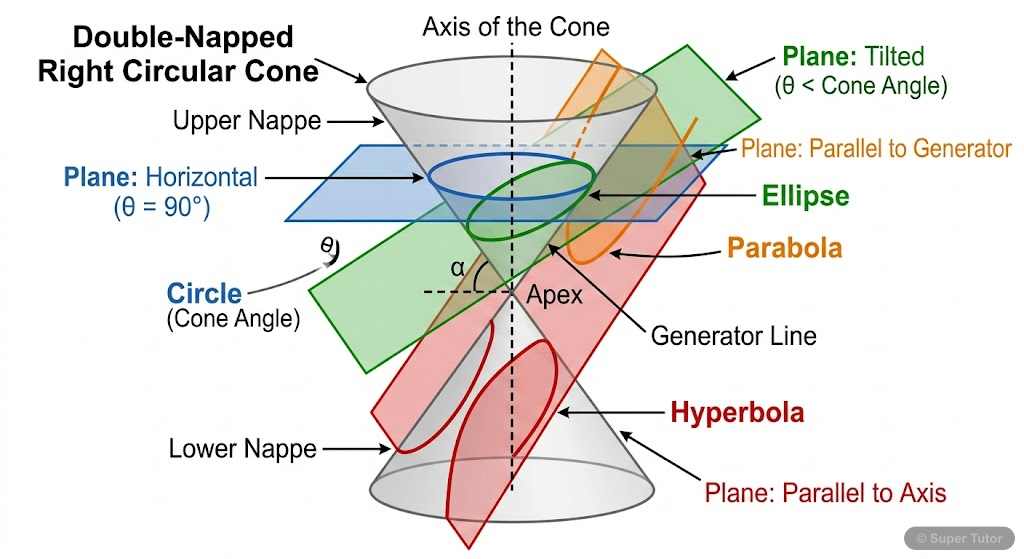 A 3D diagram illustrating how different conic sections (circle, ellipse, parabola, hyperbola) are formed by the intersection of a plane with a double-napped right circular cone at various angles.