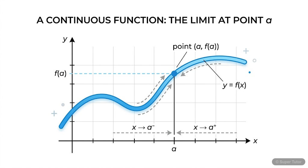 A graph of a continuous function at a specific point, showing the limit approaching the function value, illustrating that the function is unbroken and defined at that point.