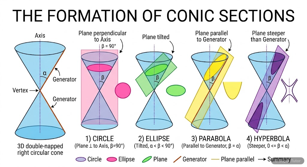 A cross-section diagram showing a double-napped right circular cone intersected by a plane at different angles to form a circle, ellipse, parabola, and hyperbola. The cone's axis, vertex, and generato