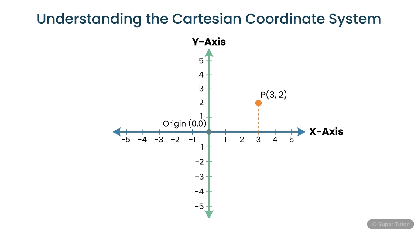 A diagram illustrating the basic concept of coordinate geometry, showing how a point's position is represented by a pair of numbers (coordinates) relative to two perpendicular number lines.