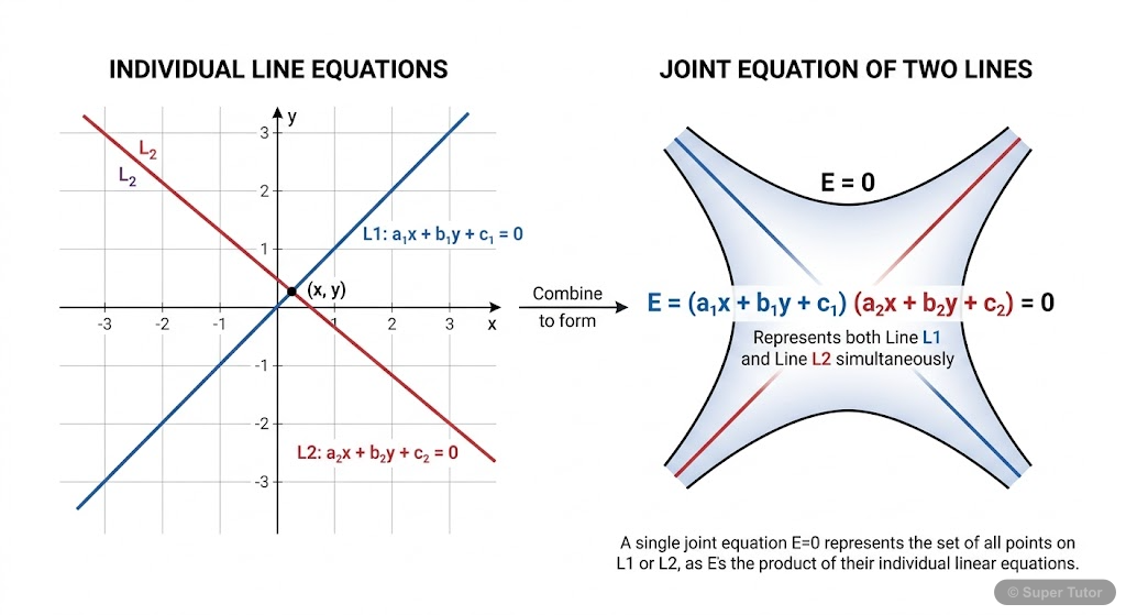 An illustration showing two distinct straight lines, L1 and L2, on a coordinate plane, and then conceptually representing their combined form as a single second-degree equation. The visual should conv