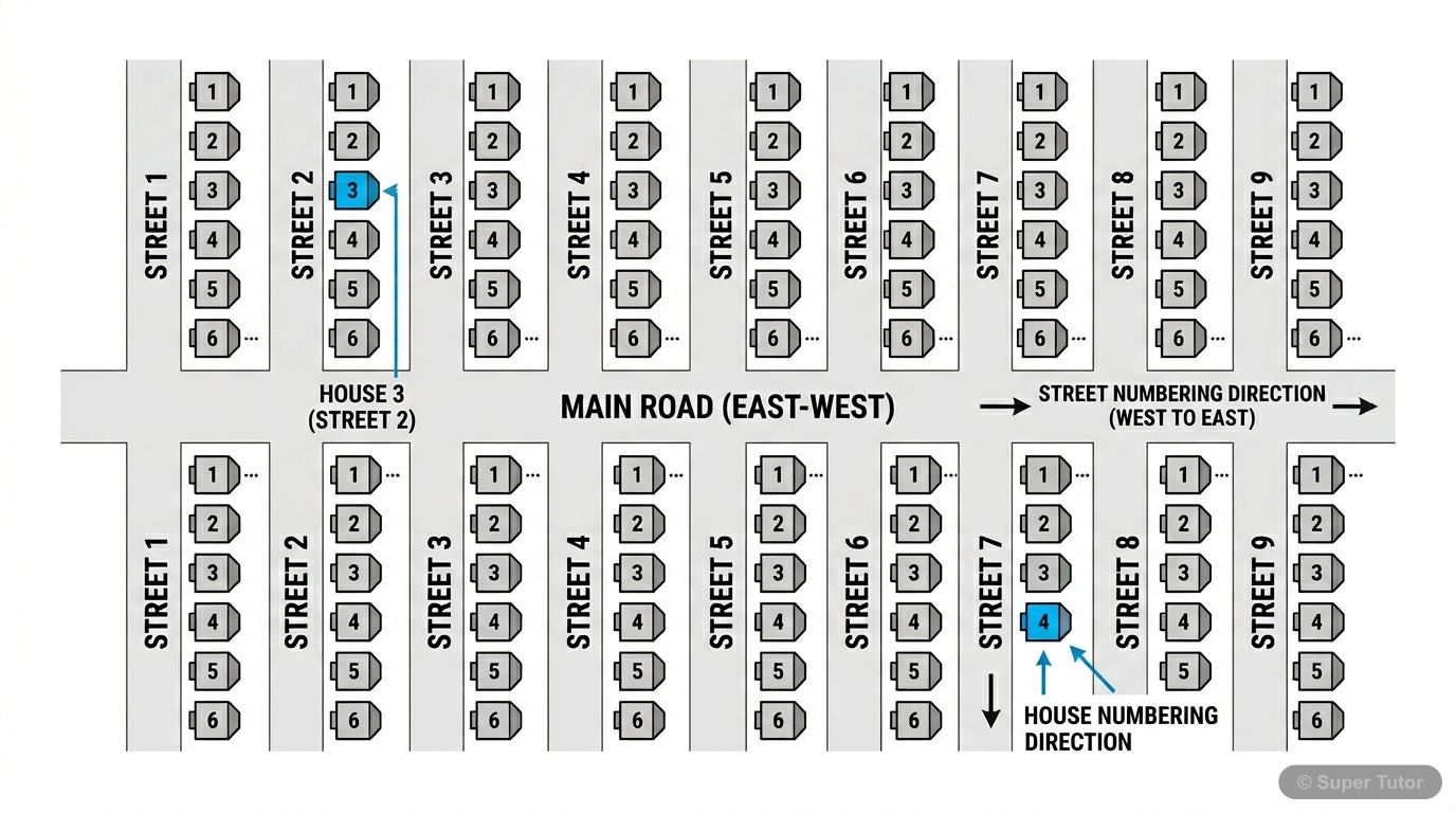 An illustration showing a grid of streets and houses, demonstrating how two pieces of information (street number and house number) are needed to precisely locate a specific house.