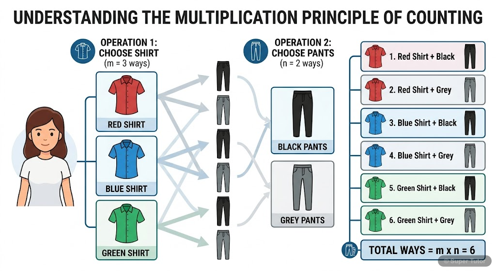 An infographic illustrating the multiplication principle of counting with a clear example, showing how to calculate total ways when operations are sequential.