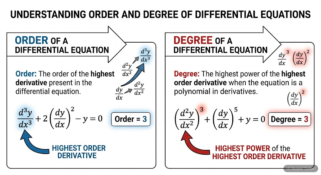 A labeled diagram explaining the definitions of order and degree of a differential equation with illustrative examples.