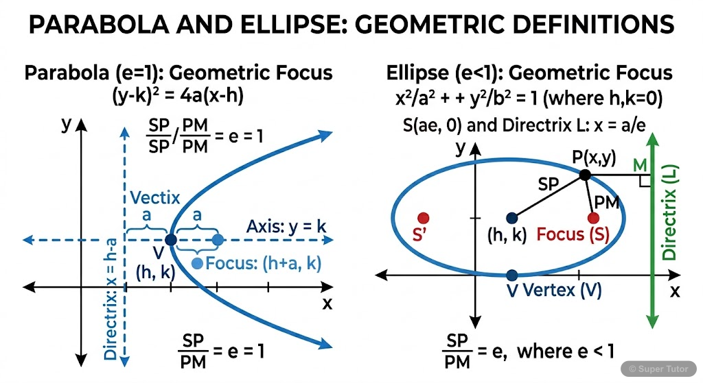 A diagram illustrating the definition of an ellipse as the locus of a point P such that its distance from a fixed point (focus S) divided by its distance from a fixed line (directrix L) is a constant 