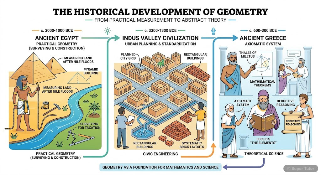 An infographic showing the development and application of geometry in various ancient civilizations (Egypt, Indus Valley, Greece) highlighting their contributions and approaches (practical vs. deducti