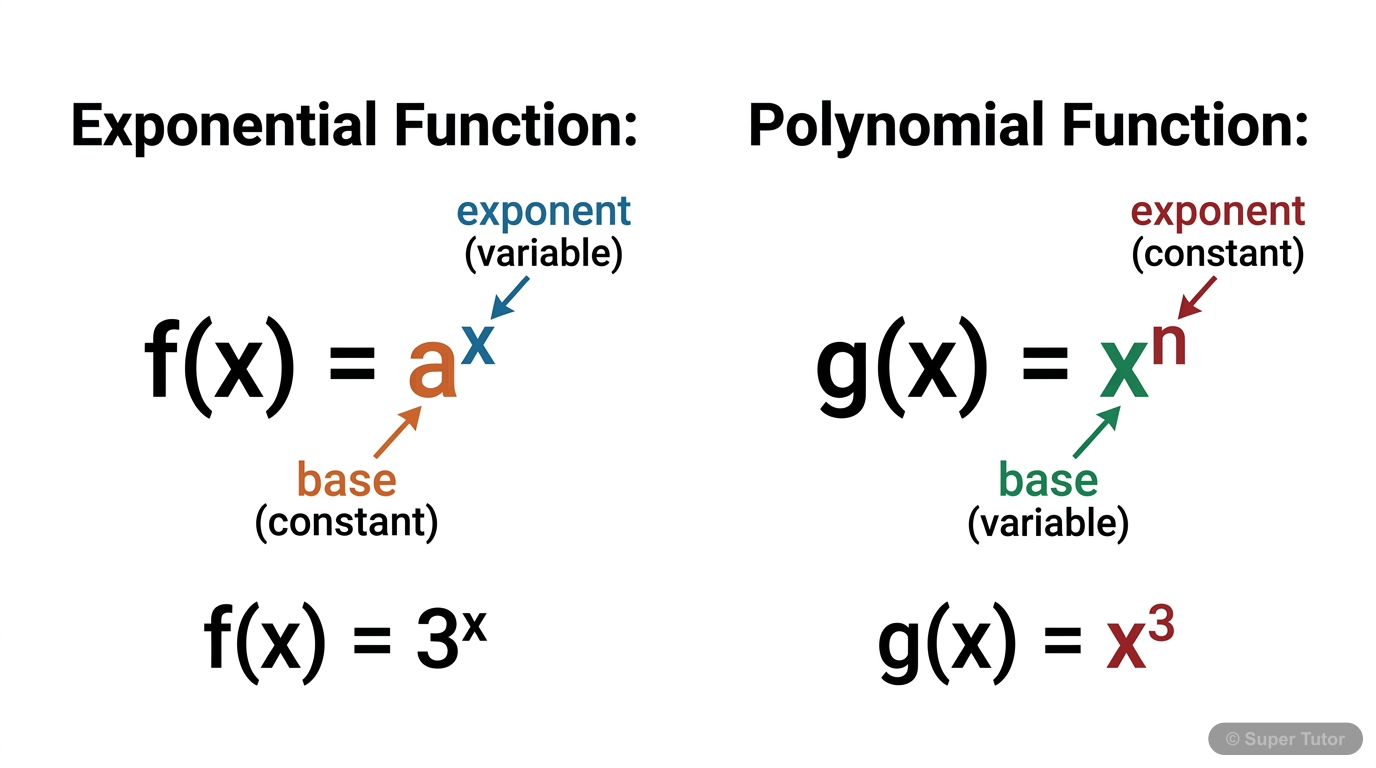 A diagram illustrating the fundamental difference between an exponential function (variable in exponent, e.g., 3^x) and a polynomial function (variable in base, e.g., x^3). Show their general forms an
