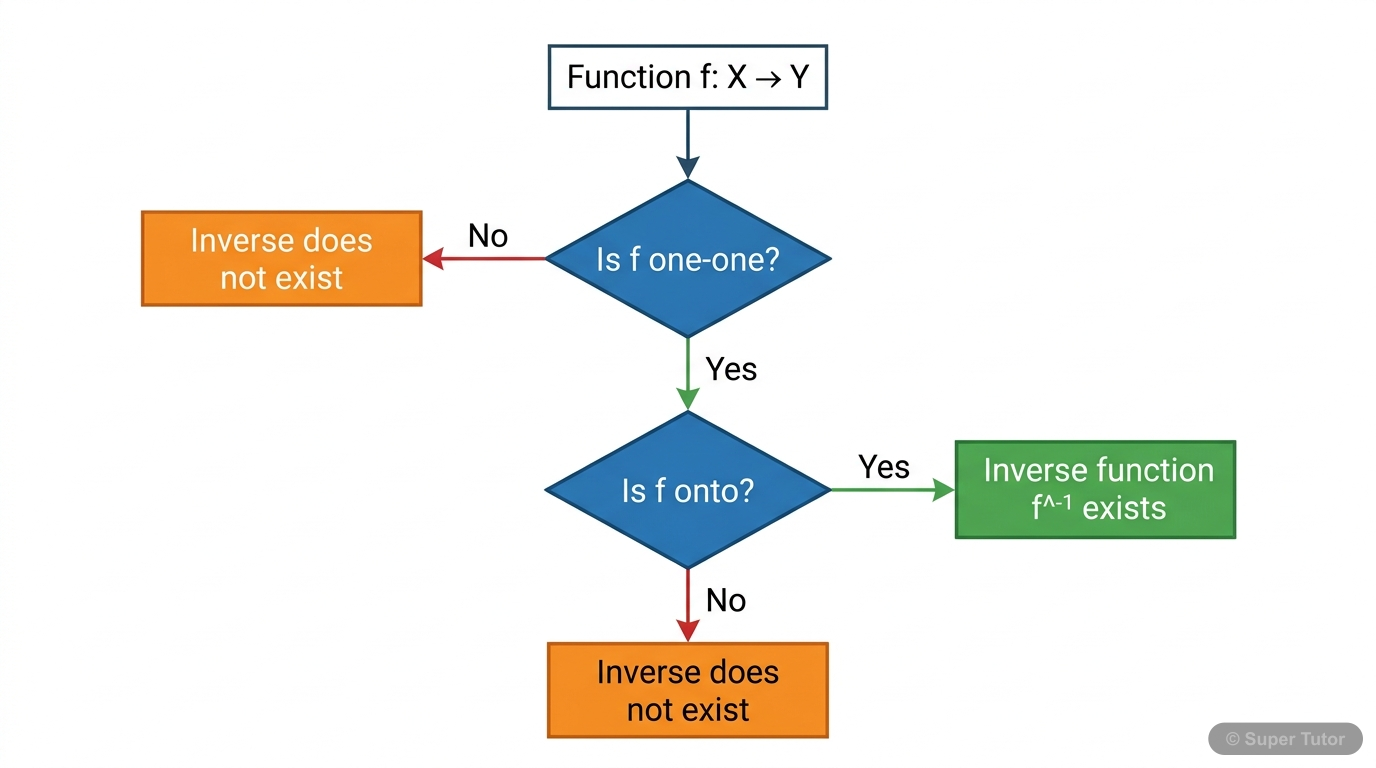 A flowchart illustrating the conditions (one-one and onto) required for a function to have an inverse, and what happens if these conditions are not met.