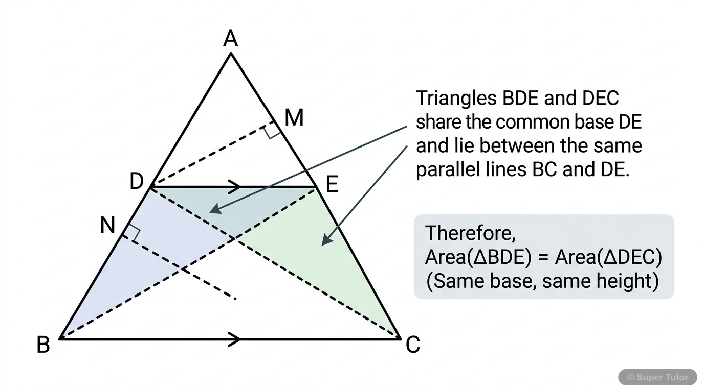 Proof of Basic Proportionality Theorem A diagram illustrating the steps for the proof of the Basic Proportionality Theorem, involving construction of perpendiculars and joining vertices to form triangles with equal areas.