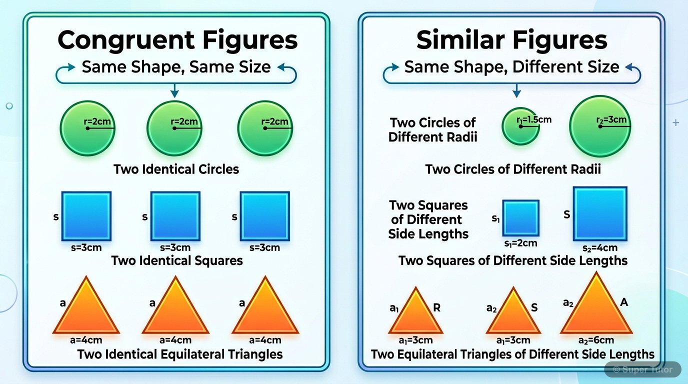 A comparison illustrating the difference between congruent figures (same shape and size) and similar figures (same shape, different size), using examples like circles, squares, and triangles.