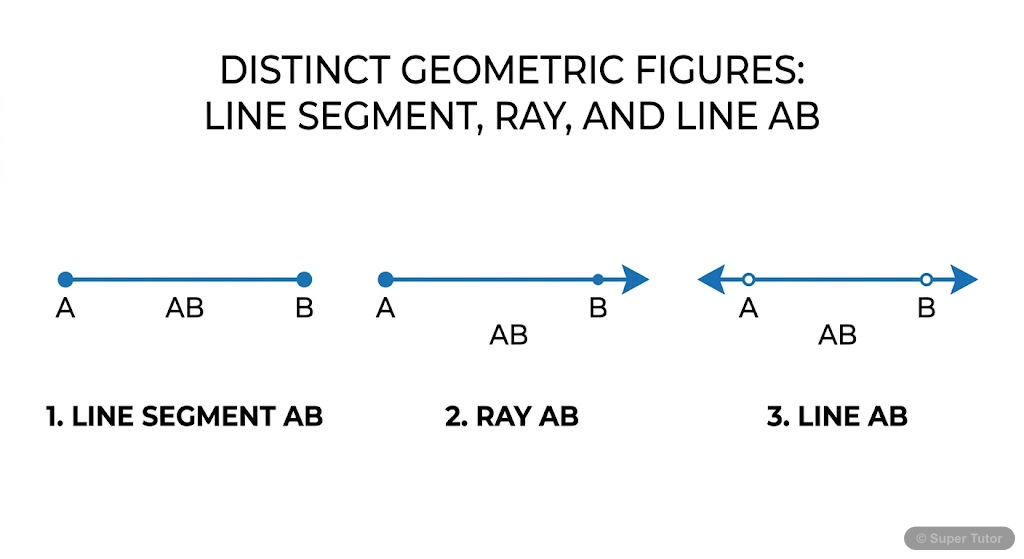 Line Segment, Ray, and Line A labeled diagram illustrating the definitions and notations of a line segment (two endpoints), a ray (one endpoint, extends infinitely in one direction), and a line (no endpoints, extends infinitely
