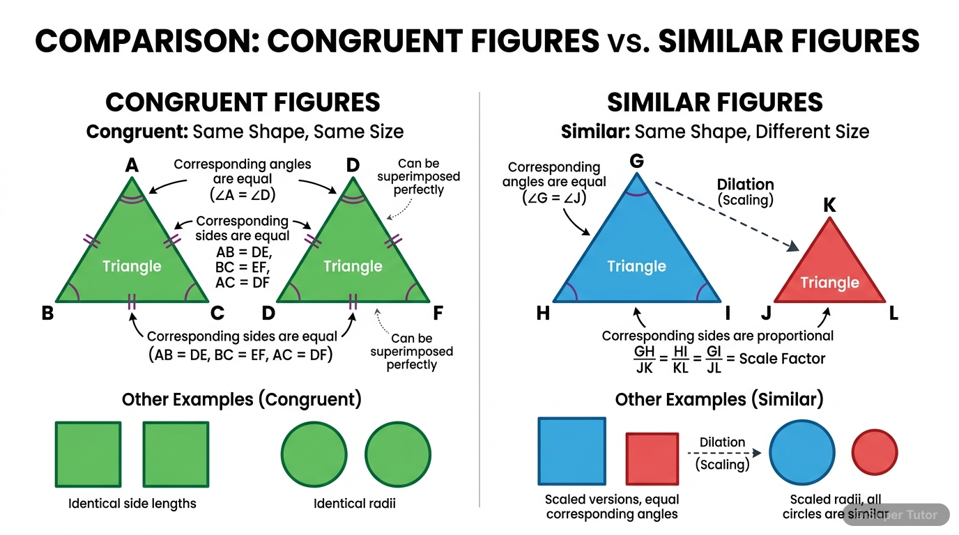 A comparison illustrating the difference between congruent figures (same shape and size) and similar figures (same shape, different size), using examples of triangles and other polygons.
