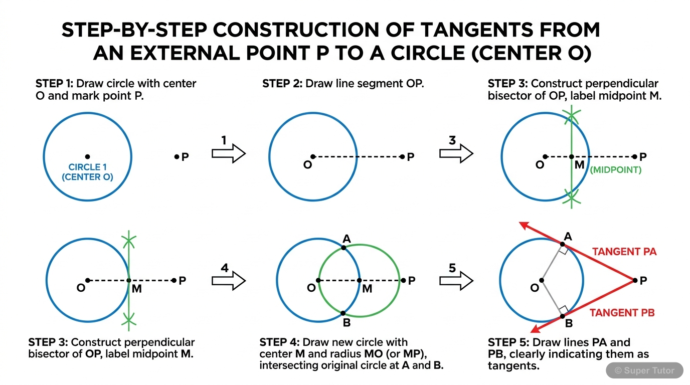 A step-by-step labeled diagram illustrating the construction of two tangents to a circle from an external point using a compass and ruler.