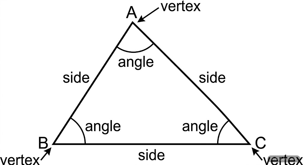 A labeled diagram showing a triangle with its three sides, three angles, and three vertices clearly marked.