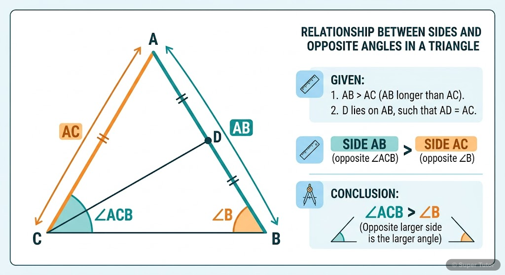A diagram illustrating Theorem 3: If two sides of a triangle are unequal, the greater side has the greater angle opposite to it. Show triangle ABC with AB > AC, and highlight the angles opposite to th