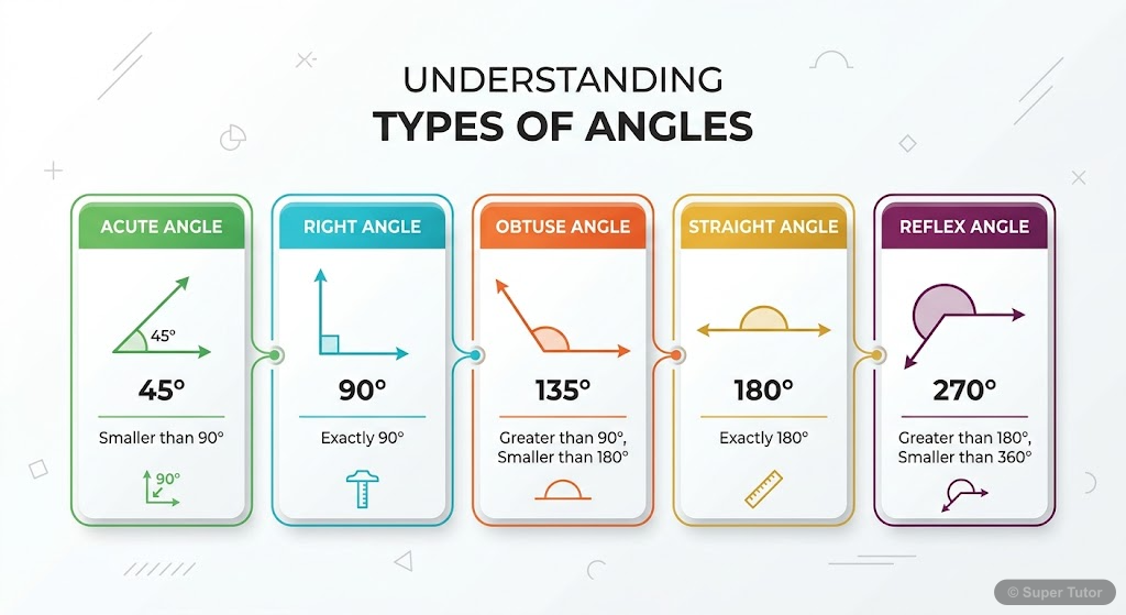 An infographic comparing and illustrating acute, right, obtuse, straight, and reflex angles with their respective degree ranges.