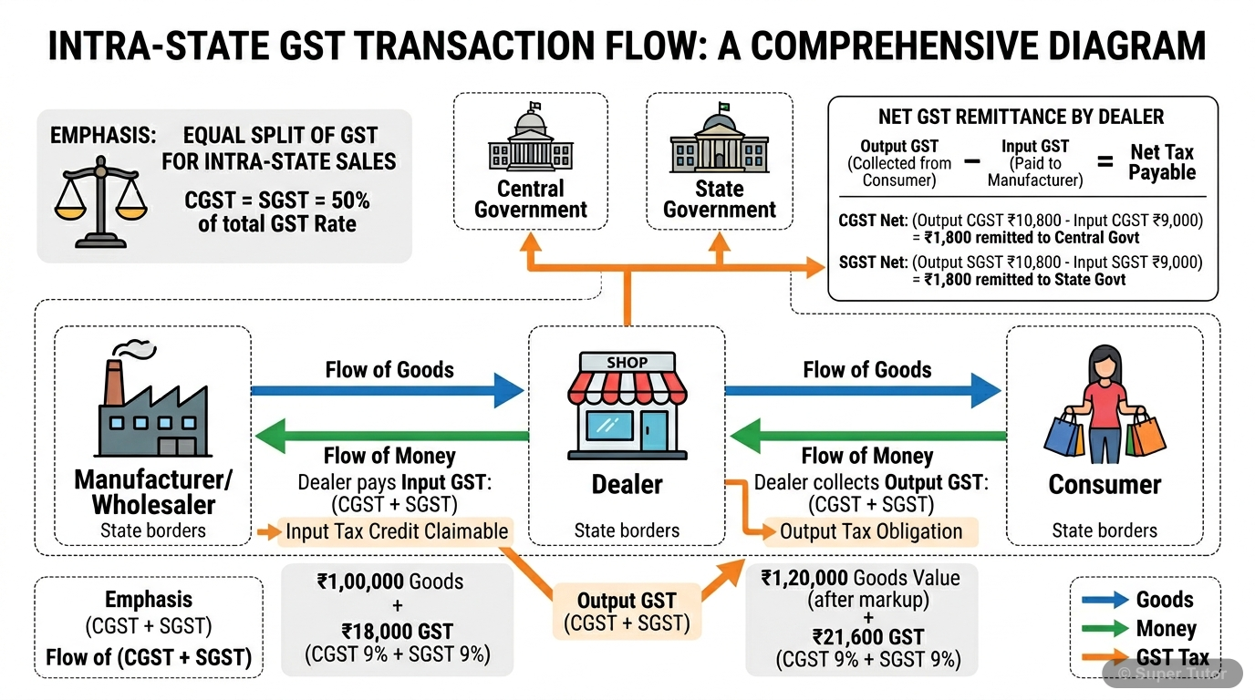 A diagram illustrating the flow of goods, money, and GST (CGST + SGST) within the same state, showing the dealer paying input GST and collecting output GST, with the net GST going to the government.