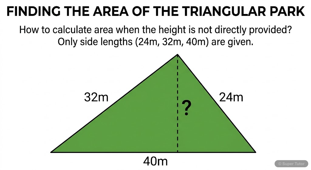 An illustration showing a triangular park with given side lengths (40m, 32m, 24m) but no height, posing the problem of finding its area without height.