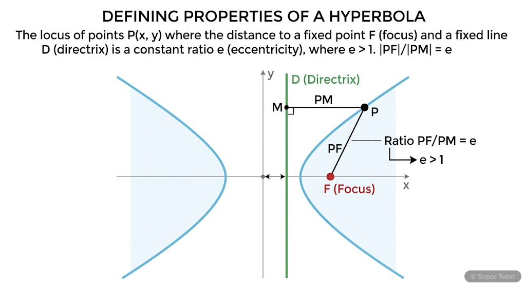 Illustrates the definition of a hyperbola as the locus of a point P such that the ratio of its distance from a fixed point (focus F) to its distance from a fixed line (directrix D) is a constant eccen