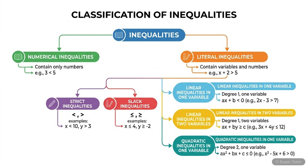 An infographic classifying different types of inequalities based on variables, symbols, and degree, including numerical, literal, strict, slack, linear in one variable, linear in two variables, and qu