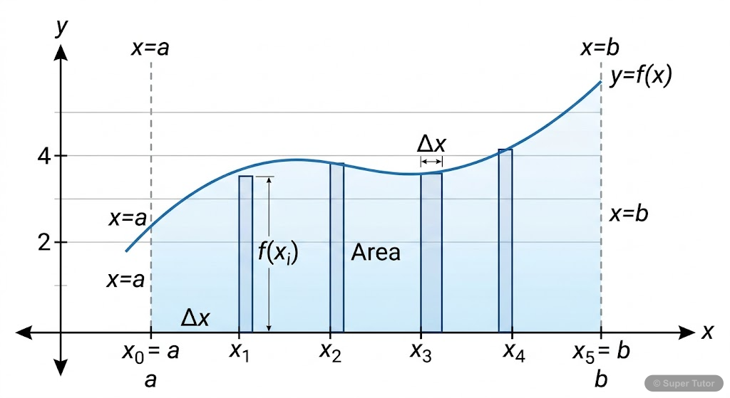 An illustration showing how integral calculus is used to define and calculate the area of a region bounded by the graph of a function, the x-axis, and vertical lines. Highlight the concept of approxim