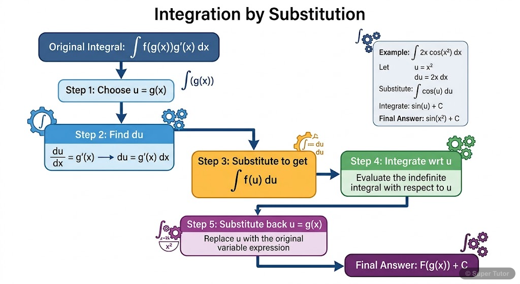 A flowchart illustrating the steps involved in integration by substitution, showing how to choose a substitution, differentiate it, substitute into the integral, integrate with respect to the new vari