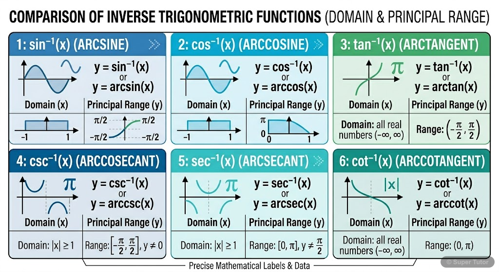 A clear, organized comparison chart summarizing the domain and principal value range for all six inverse trigonometric functions: arcsin, arccos, arctan, arccosec, arcsec, and arccot.