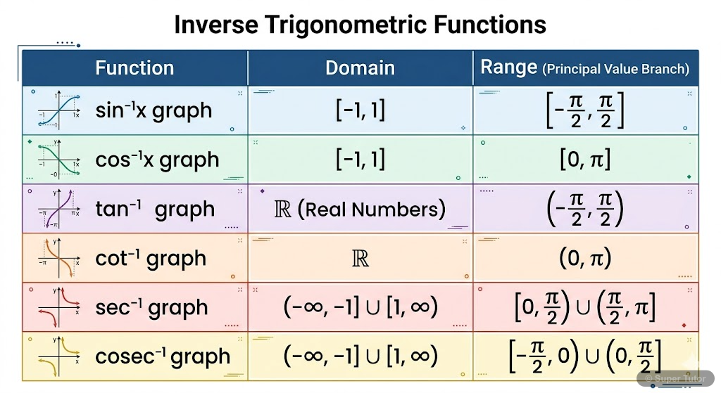 Summary of Inverse Trigonometric Functions: Domain and Principal Range A comprehensive table summarizing all six inverse trigonometric functions, their domains, and their principal value branches (ranges).