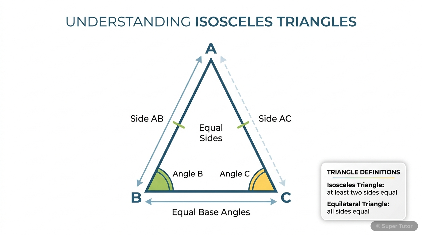 A labeled diagram illustrating an isosceles triangle with two equal sides and the angles opposite to them also being equal. Includes the definition of an equilateral triangle as a special case.