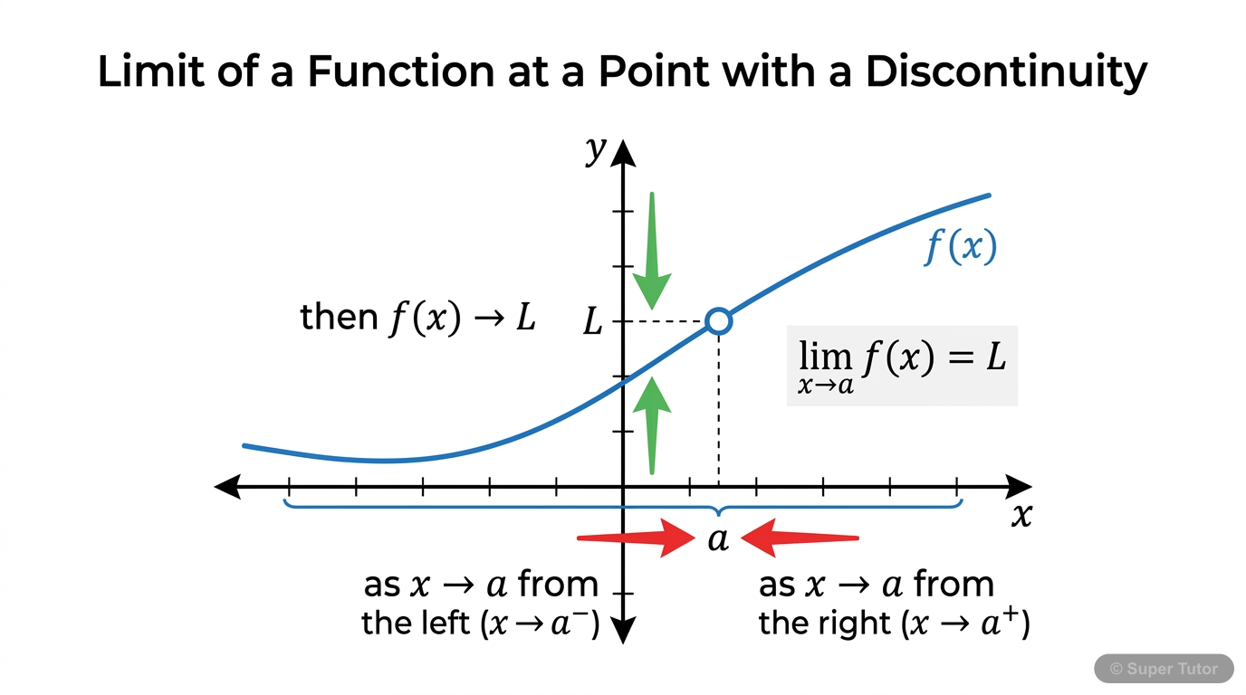 A graph of a function f(x) with a removable discontinuity (a hole) at x=a. Show arrows on the x-axis indicating x approaching 'a' from both the left and the right. Corresponding arrows on the y-axis s