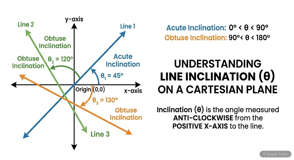 A diagram defining the inclination of a straight line as the angle it makes with the positive direction of the x-axis, measured anti-clockwise.