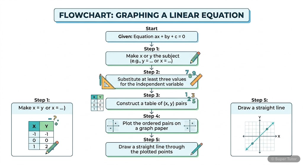 A flowchart illustrating the step-by-step process of drawing the graph of a linear equation in two variables (ax + by + c = 0).
