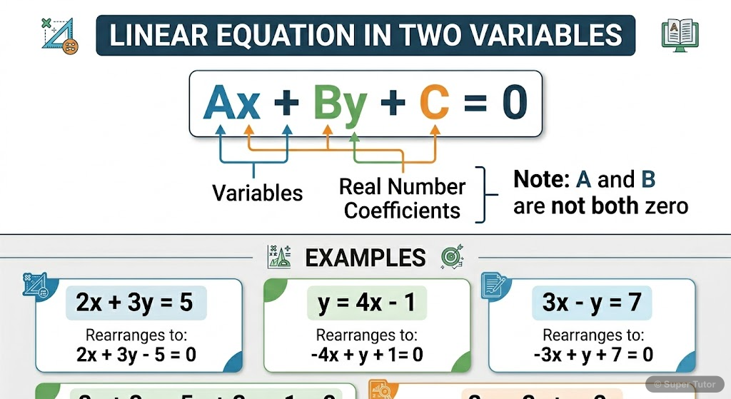 An infographic defining a linear equation in two variables, showing its general form (Ax + By + C = 0) and examples, with labels for variables and coefficients.