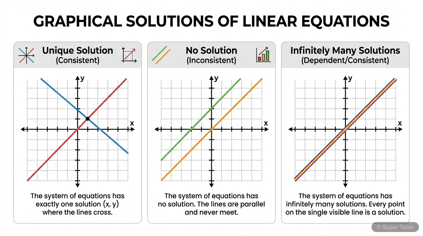 Graphical Solutions of Pair of Linear Equations A comparison of the three possible graphical representations of a pair of linear equations in two variables: intersecting lines (unique solution), parallel lines (no solution), and coincident lines (i