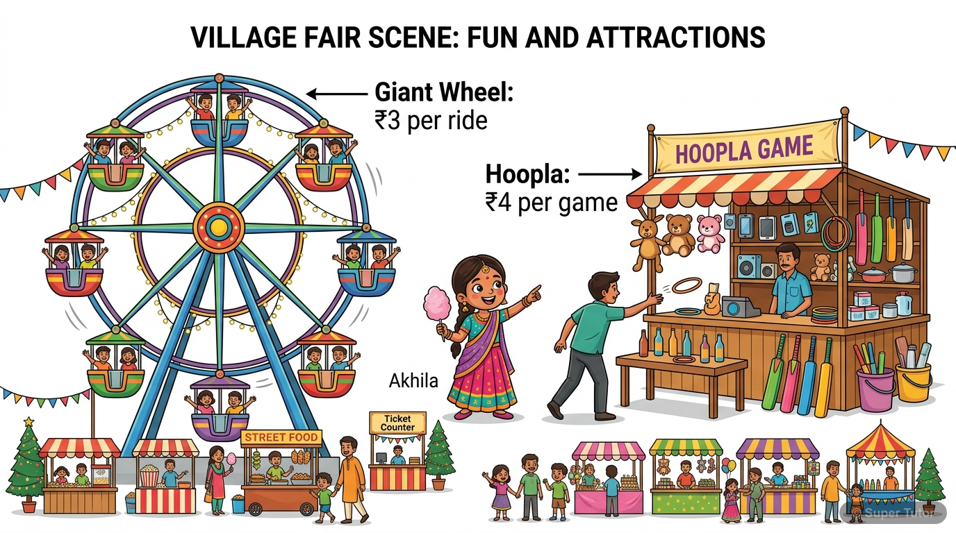 An illustration showing a real-world scenario (Akhila at a fair with a Giant Wheel and Hoopla game) that can be modeled by a pair of linear equations in two variables.