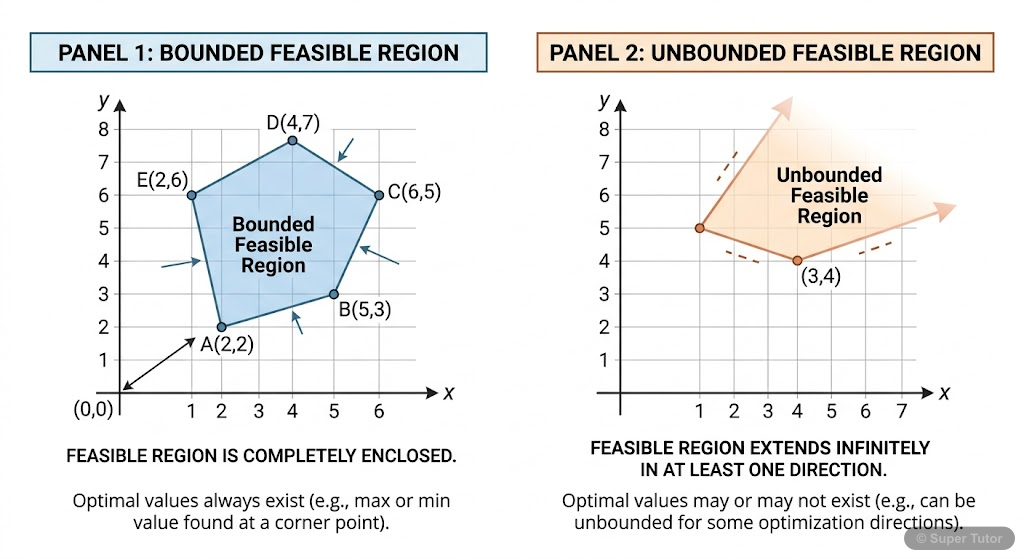 A comparison chart showing two graphs: one with a bounded feasible region and another with an unbounded feasible region, explaining the implications for optimal solutions.