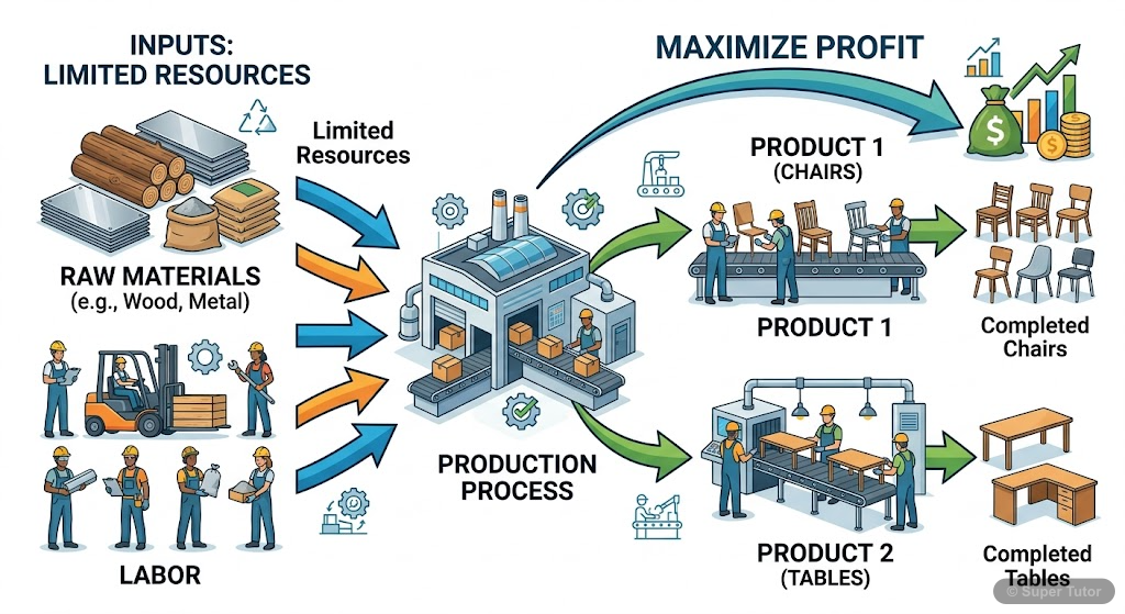 An illustration showing a simple real-world problem, like a factory producing two types of products with limited resources (labor, raw materials) and aiming to maximize profit.