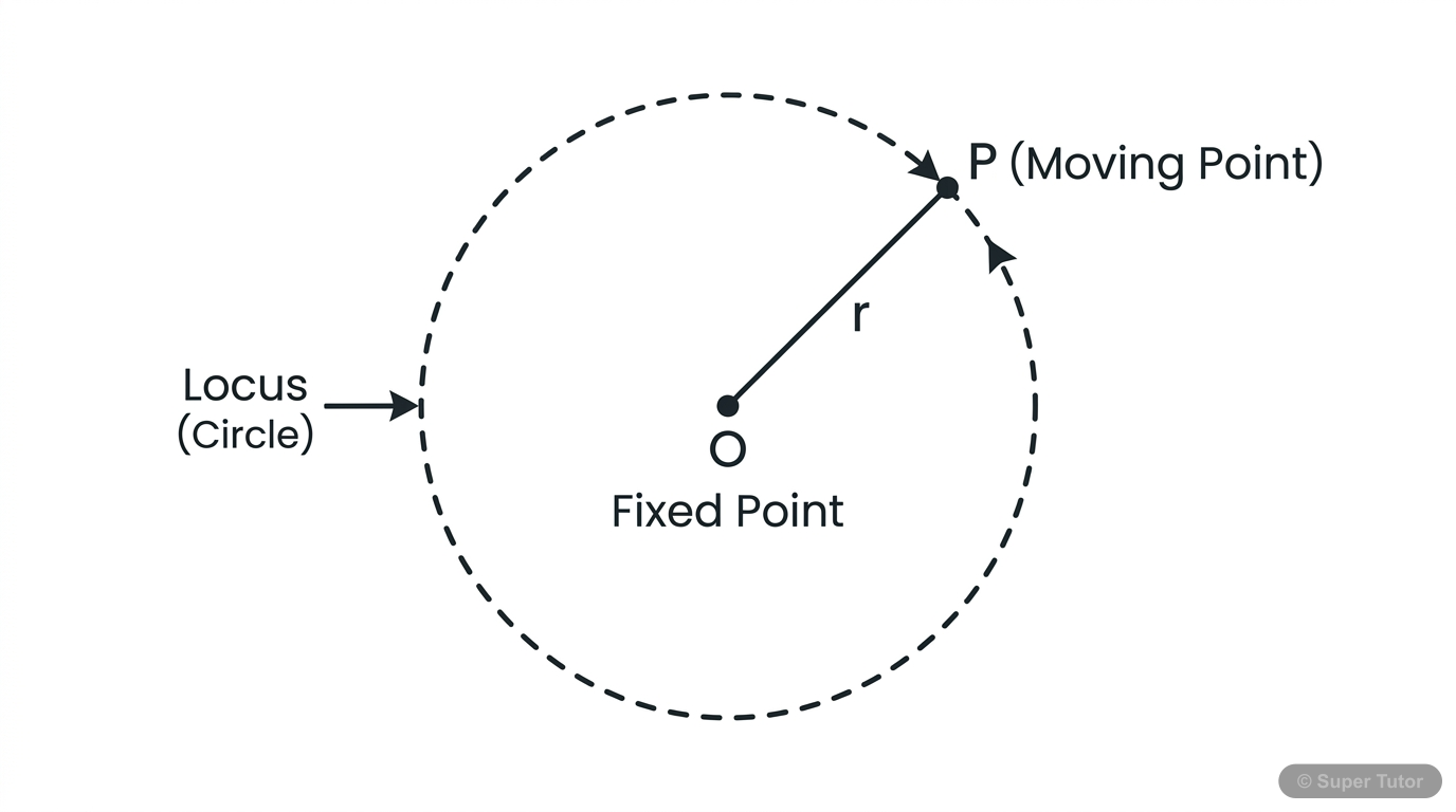 An illustration defining locus as the path of a moving point under a given condition, with a specific example of a point at a fixed distance from a fixed point forming a circle.