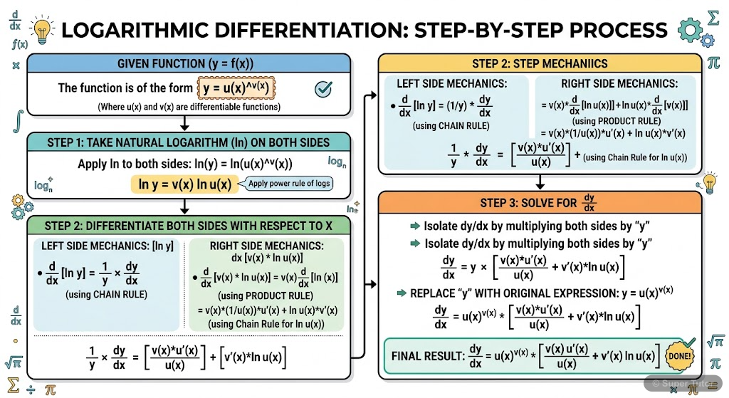 A step-by-step flowchart for applying logarithmic differentiation to functions of the form y = u(x)^v(x) or complex products/quotients.